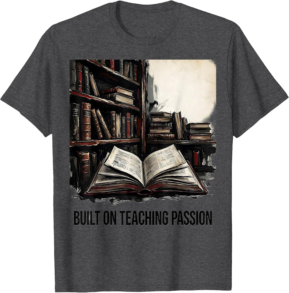 Men's Teaching Passion Labor Day Bookshelf Design T-Shirt - Dark Heather Grey