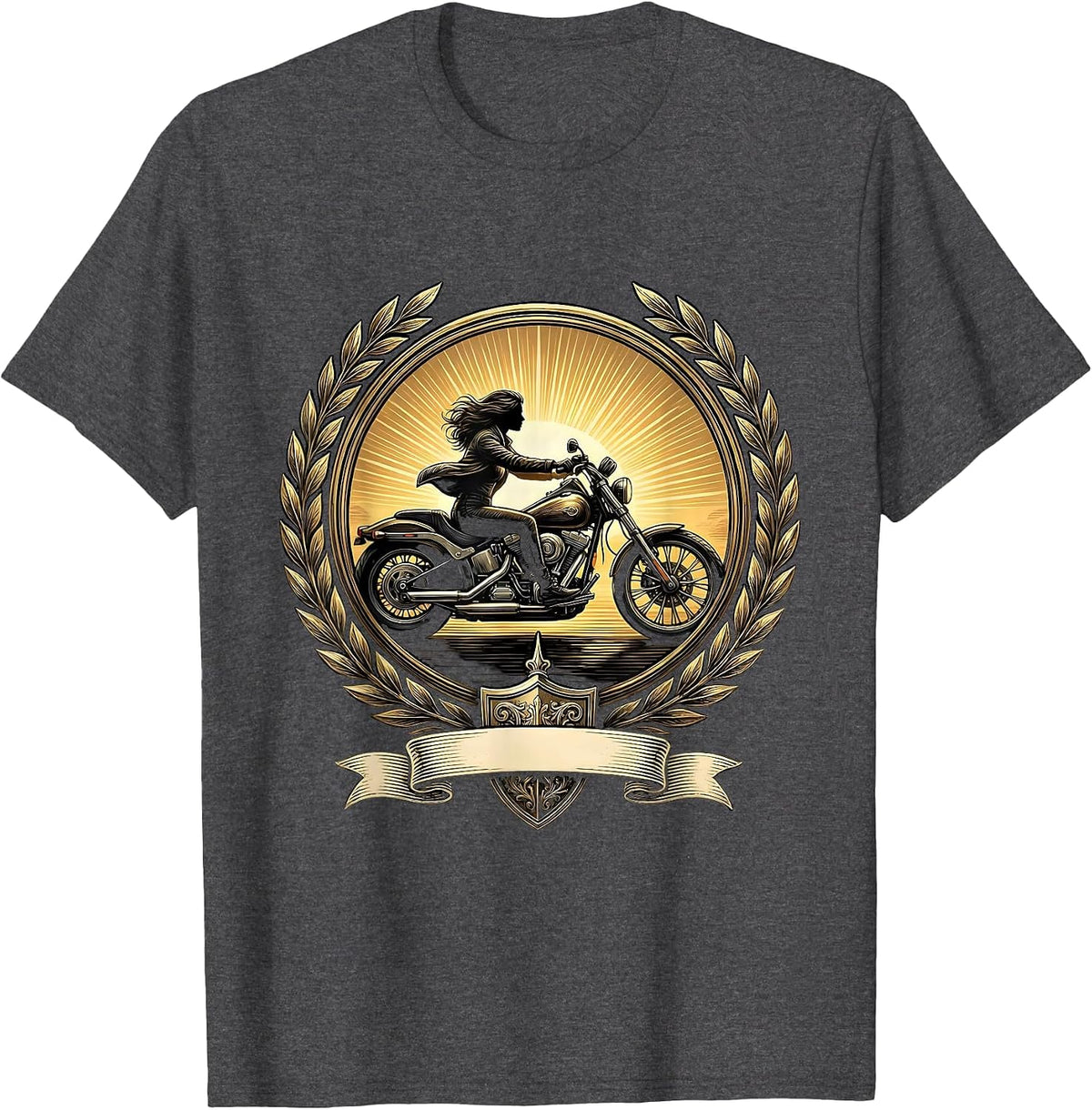 Woman Rider Cruiser Motorcycle Sunset Graphic T-Shirt - Dark Heather Grey
