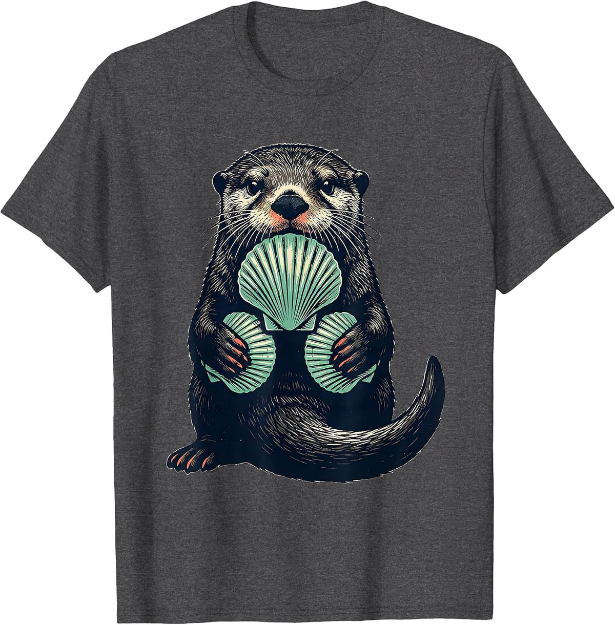 Sea Otter Linocut Funny Otter Lover Gift T-Shirt - Dark Heather Grey