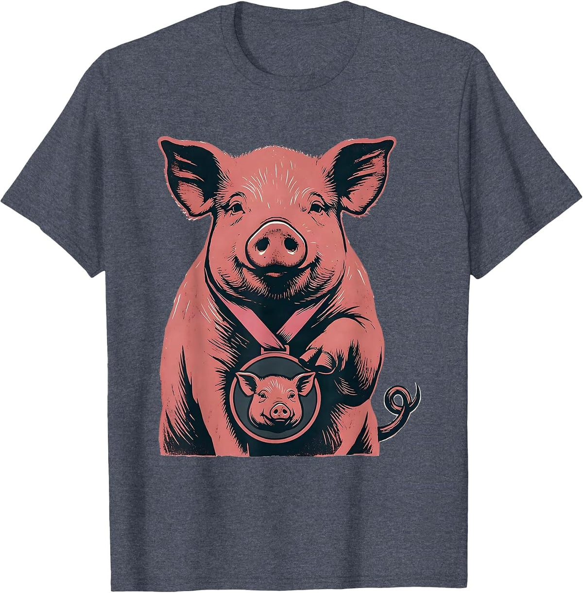 Pig Medal Linocut Funny Farm Animal Lover Gift T-Shirt - Heather Blue