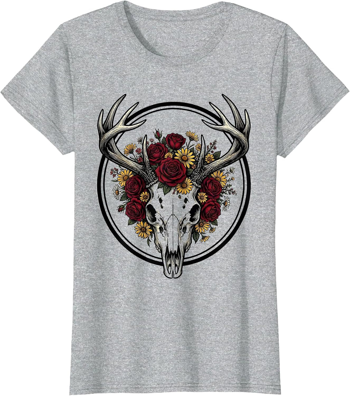 Women's Deer Skull Wildflower Crown Hunting Graphic T-Shirt - Heather Grey