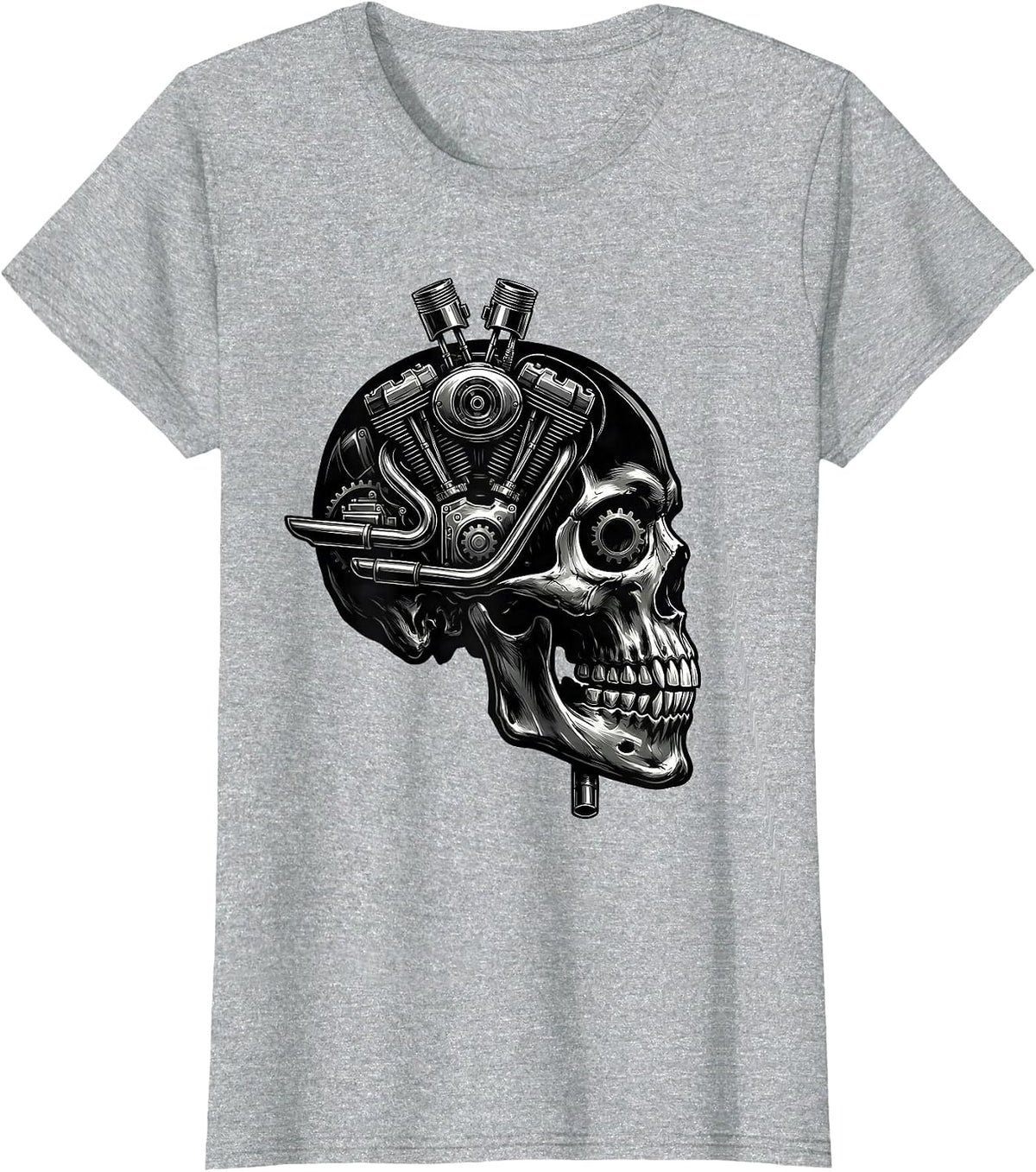 Skull Fused Vintage Motorcycle Engine Graphic T-Shirt - Heather Grey