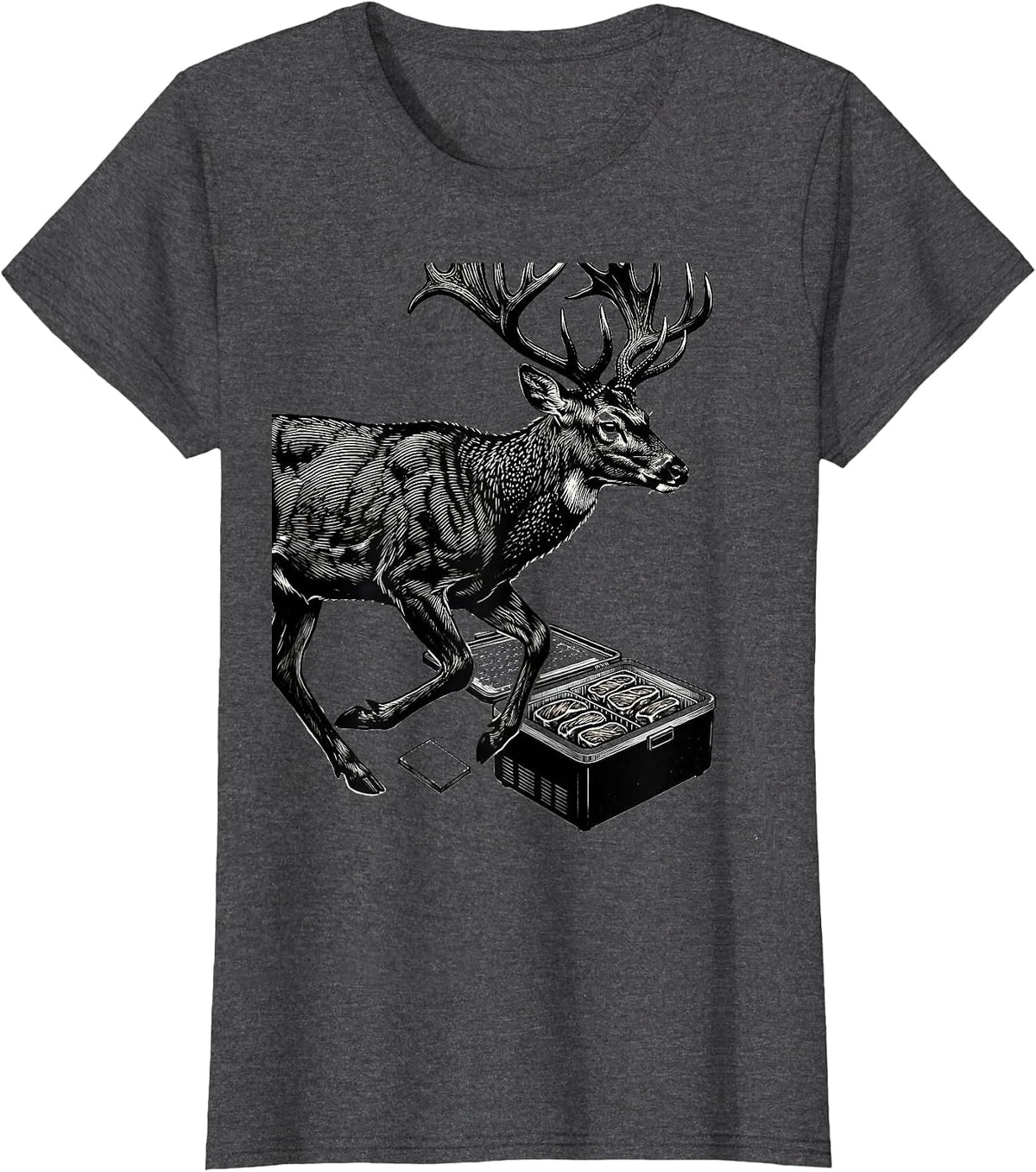 Women's Deer Buck Hunting Freezer Meat Scratchboard Humor T-Shirt - Dark Heather Grey
