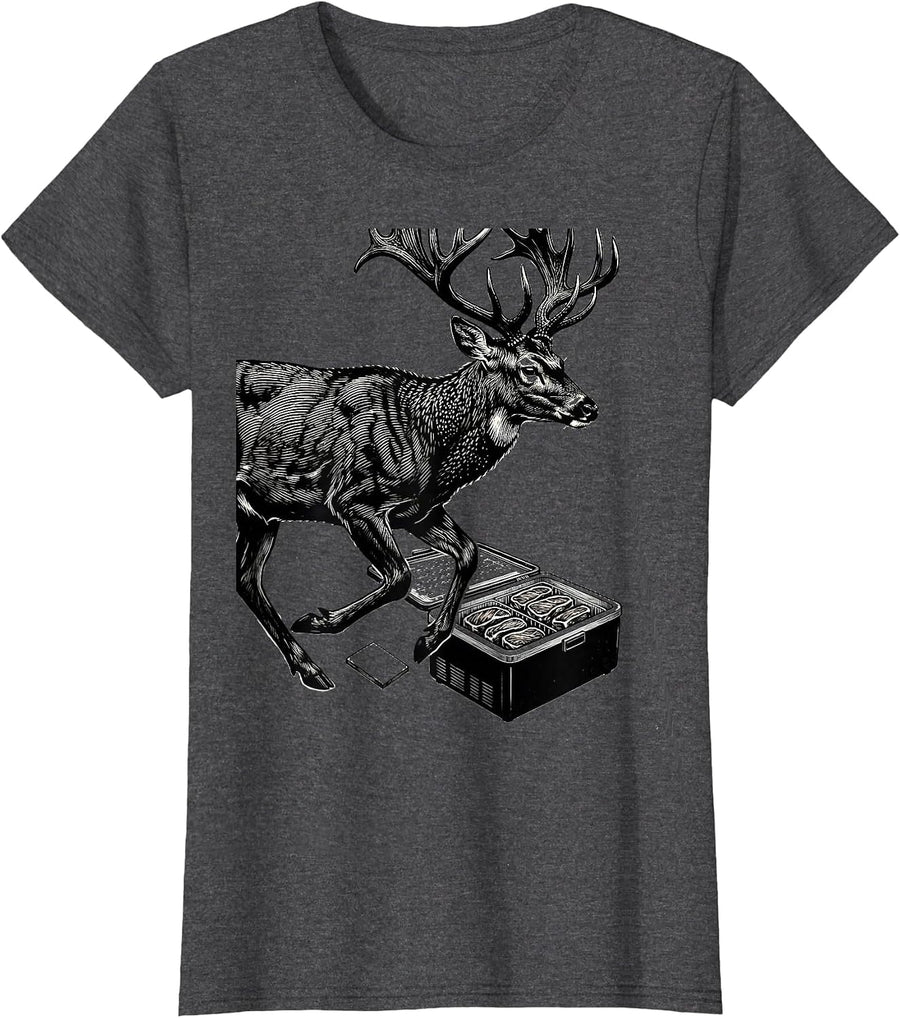 Women's Deer Buck Hunting Freezer Meat Scratchboard Humor T-Shirt - Dark Heather Grey