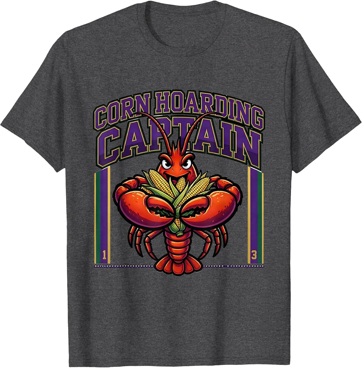Men's Corn Hoarding Captain Bold Mardi Gras Crawfish Carnival T-Shirt - Dark Heather Grey