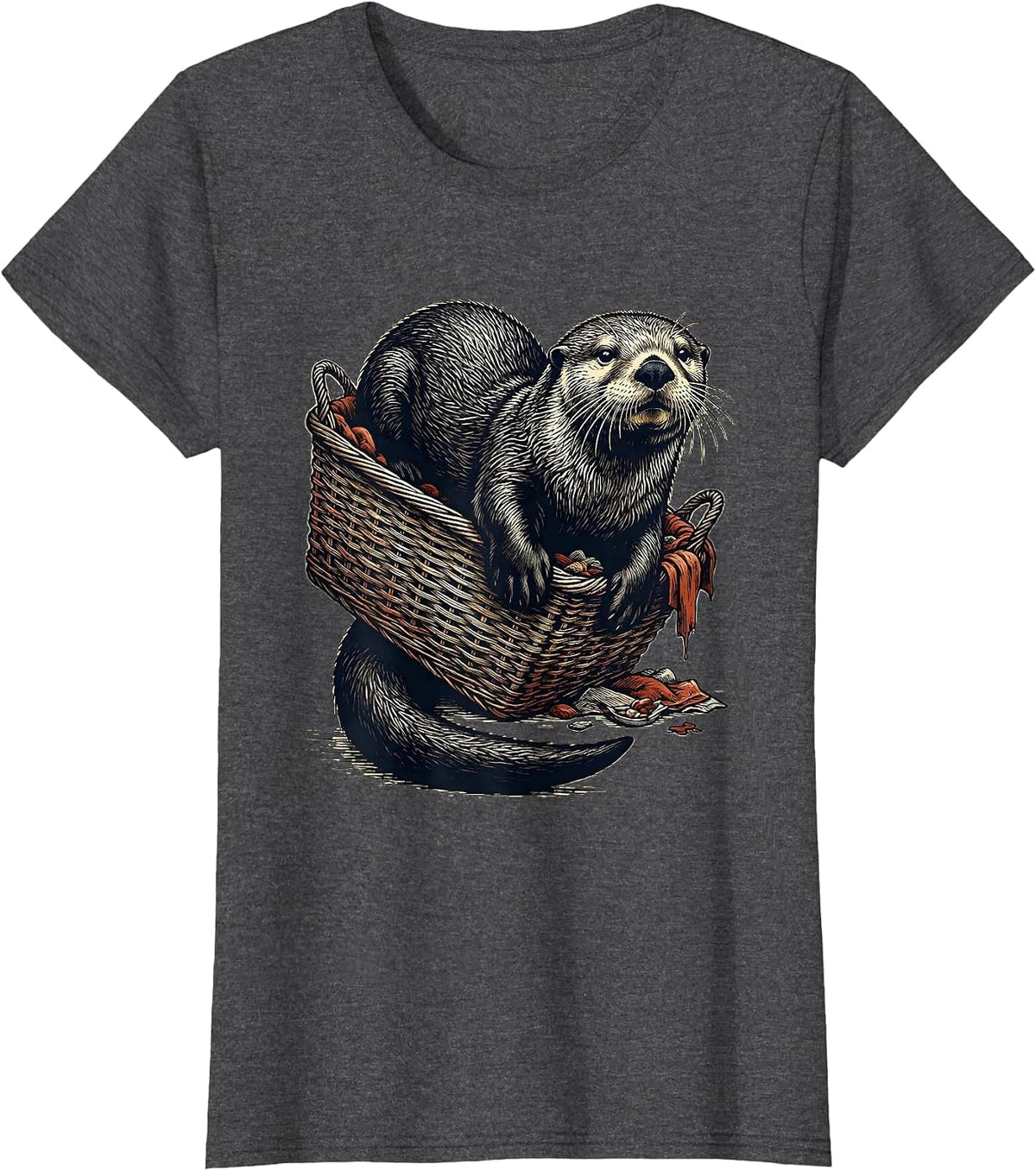 Women's Sea Otter Linocut Funny Otter Lover Gift T-Shirt - Dark Heather Grey