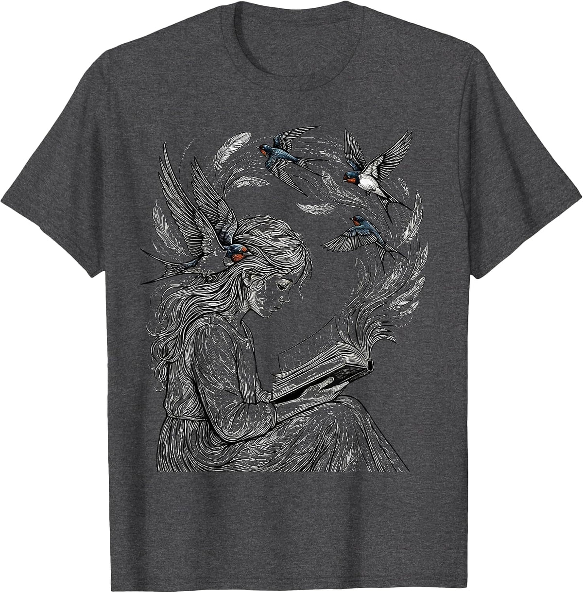 Men's Autism Awareness Reading Girl Birds Illustration T-Shirt - Dark Heather Grey