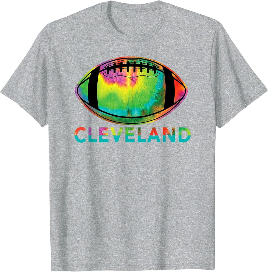 Tie Dye Football Cleveland T-Shirt - Heather Grey