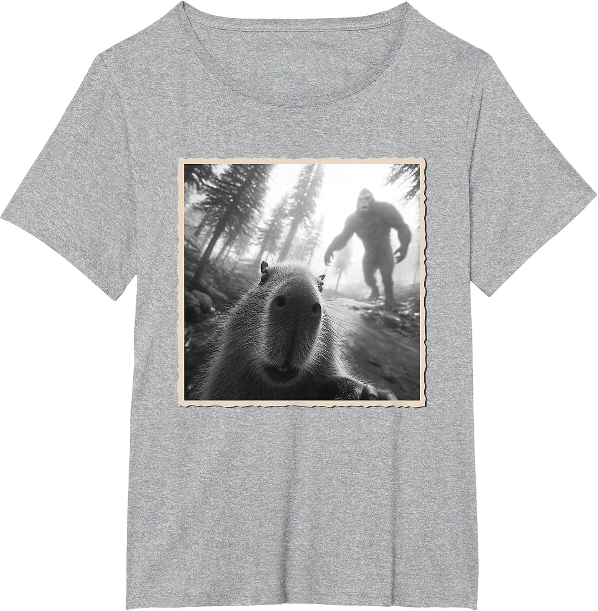 Capybara Scared Selfie with Bigfoot & Funny Sasquatch T-Shirt - Heather Grey