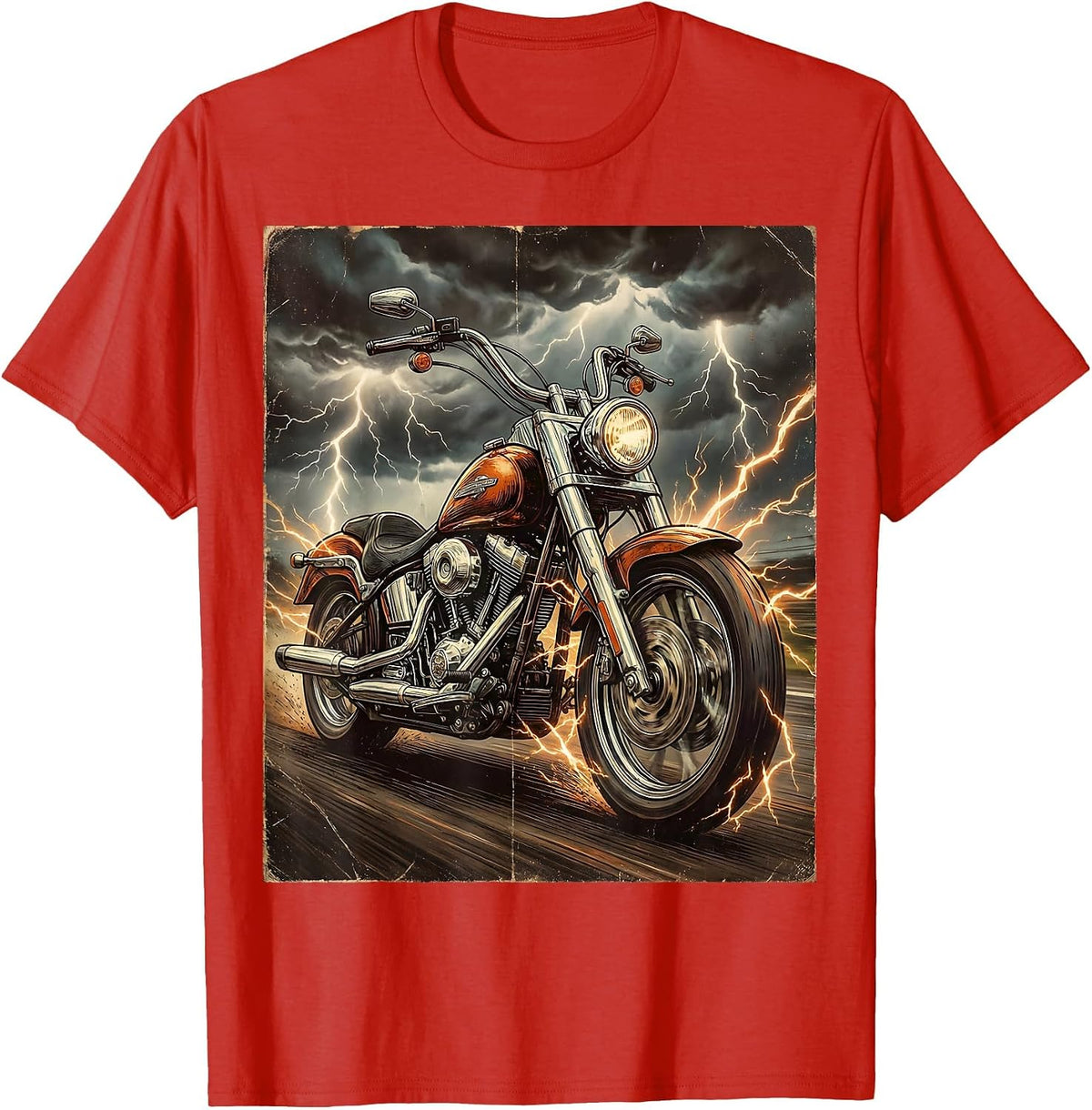 Men's Motorcycle Lightning Storm Freedom Rider Graphic T-Shirt - Red