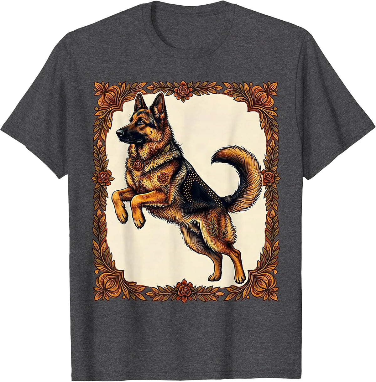 German Shepherd Mid-Leap Graphic Design T-Shirt - Dark Heather Grey