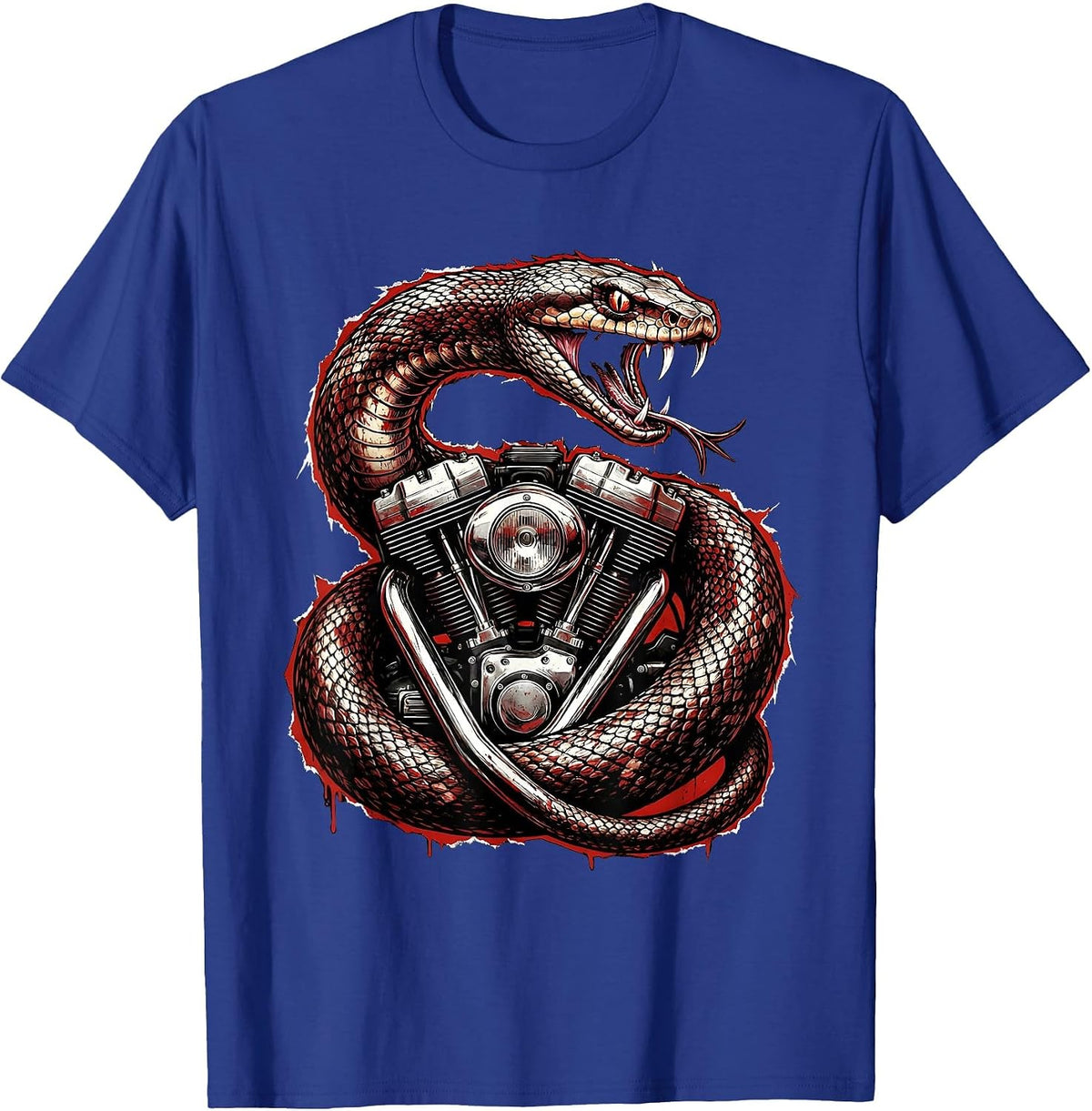 Men's Snake Coiled Vintage Motorcycle Engine Biker Art T-Shirt - Royal Blue