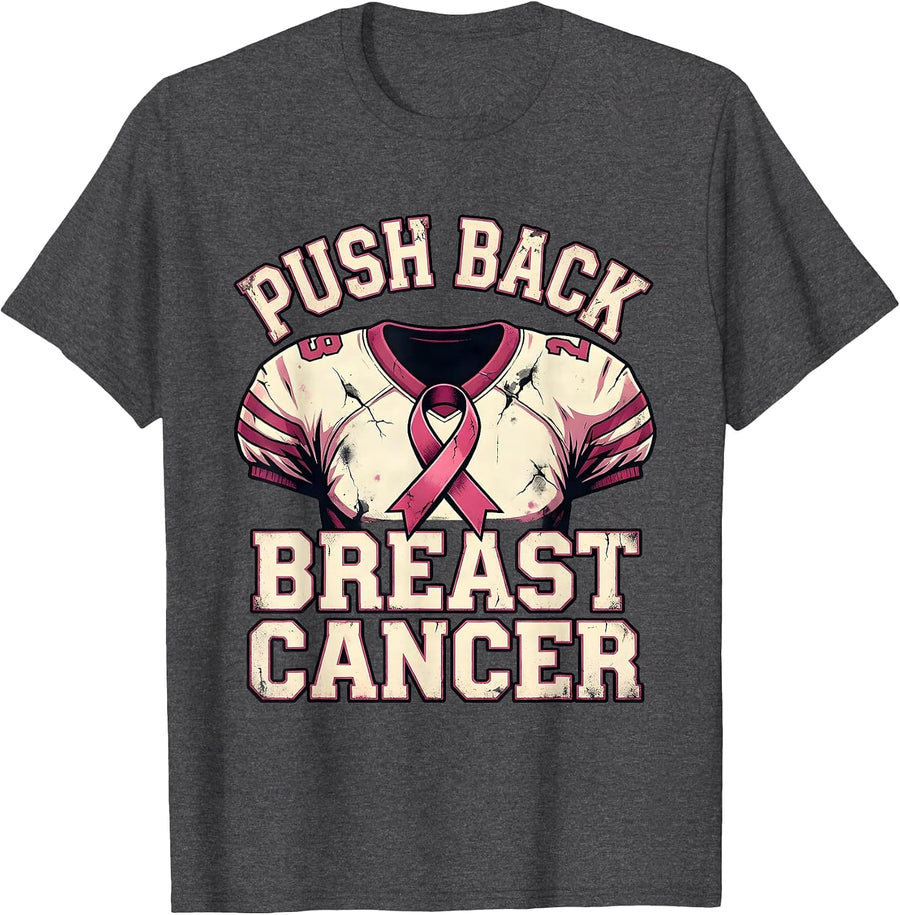 Men's Push Back Breast Cancer Distressed Football Pink Ribbon T-Shirt - Dark Heather Grey