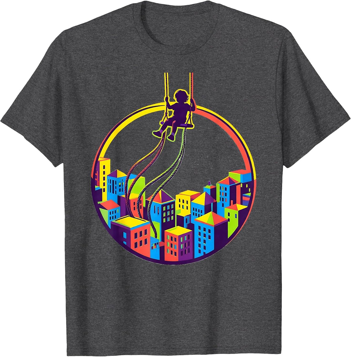 Autism Awareness Child Swinging Over Cityscape T-Shirt - Dark Heather Grey