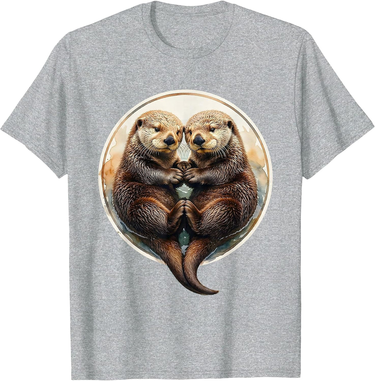 Men's Sea Otter Couple Holding Paws Sleeping Illustration T-Shirt - Heather Grey