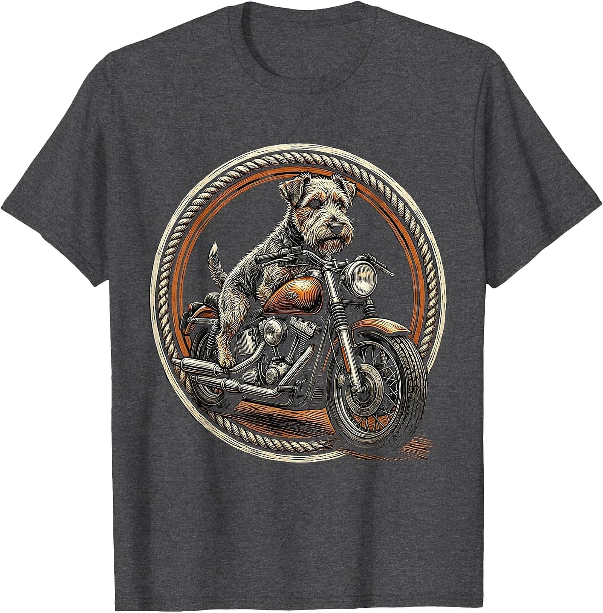 Scruffy Terrier Riding a Vintage Motorcycle T-Shirt - Dark Heather Grey