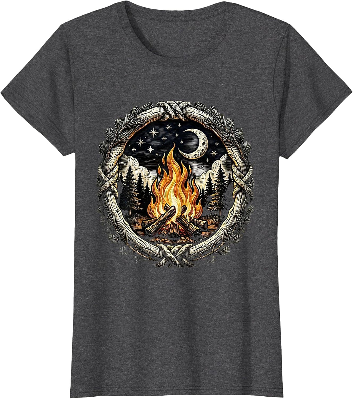 Women's Vintage Campfire Starry Night Outdoor Design T-Shirt - Dark Heather Grey