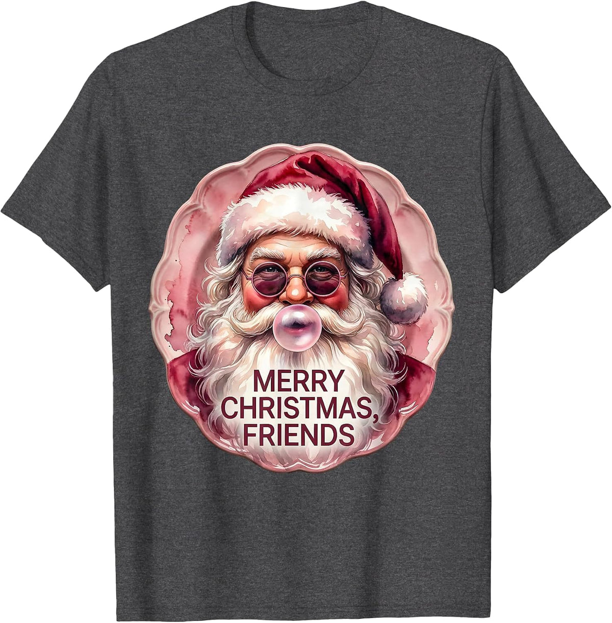Men's Merry Christmas, Friends Watercolor Retro Pink Bubblegum T-Shirt - Dark Heather Grey