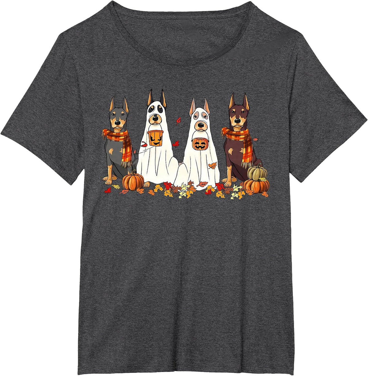 Funny Doberman Dog Ghost Fall Autumn Leaves Thanksgiving T-Shirt - Dark Heather Grey