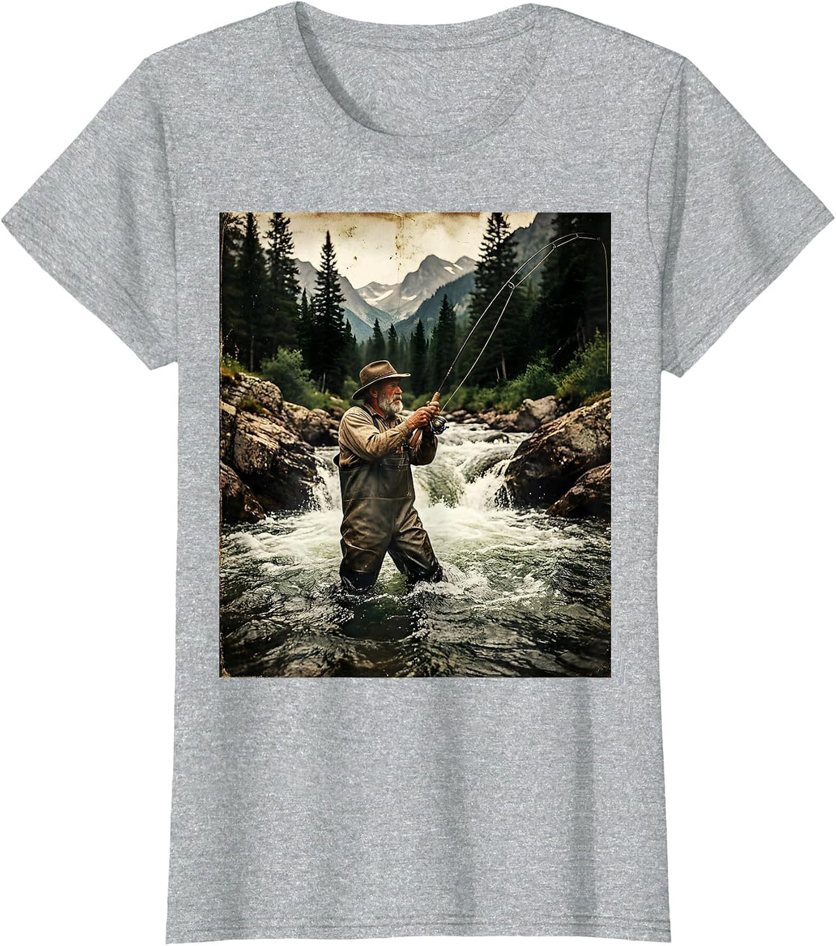 Fly Fishing Mountain Stream Wading Graphic T-Shirt - Heather Grey