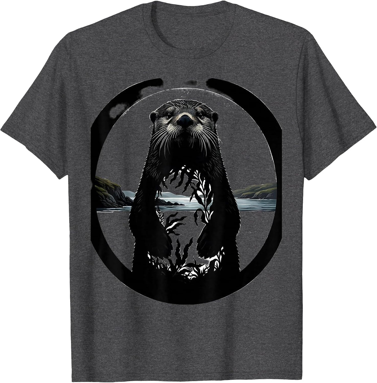 Men's Sealed Sea Otter Silhouette Forest Wildlife Portrait Art T-Shirt - Dark Heather Grey