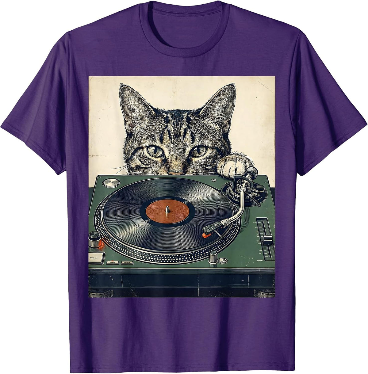DJ Cat Vintage Rave Music Lover Humor T-Shirt - Purple