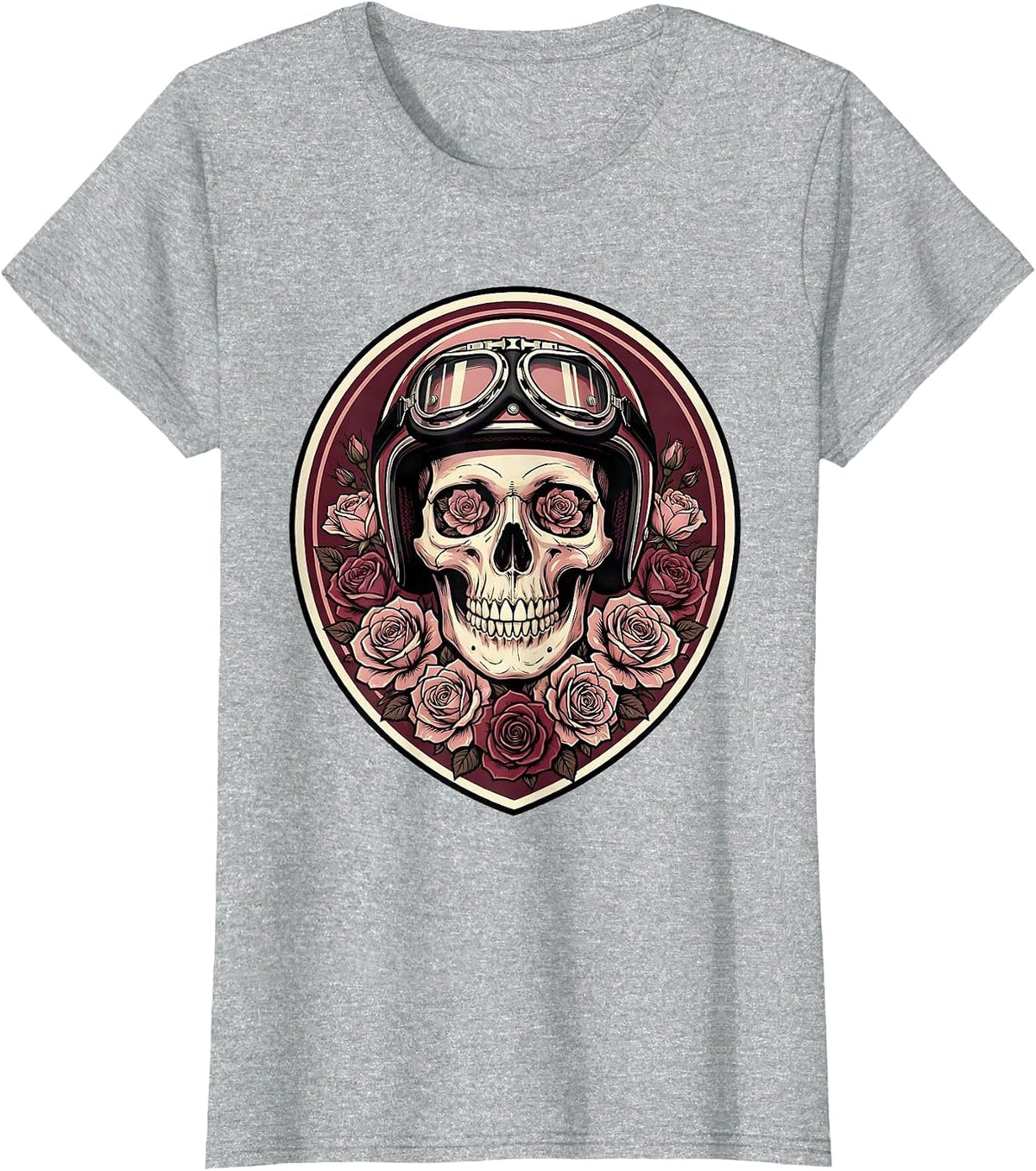 Feminine Skull Vintage Motorcycle Helmet Graphic T-Shirt - Heather Grey