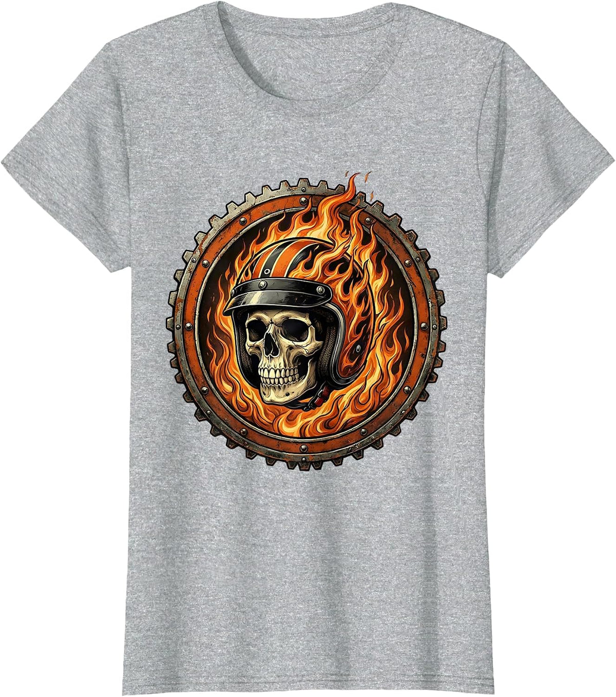 Skull Motorcycle Helmet Flames Graphic Tee T-Shirt - Heather Grey