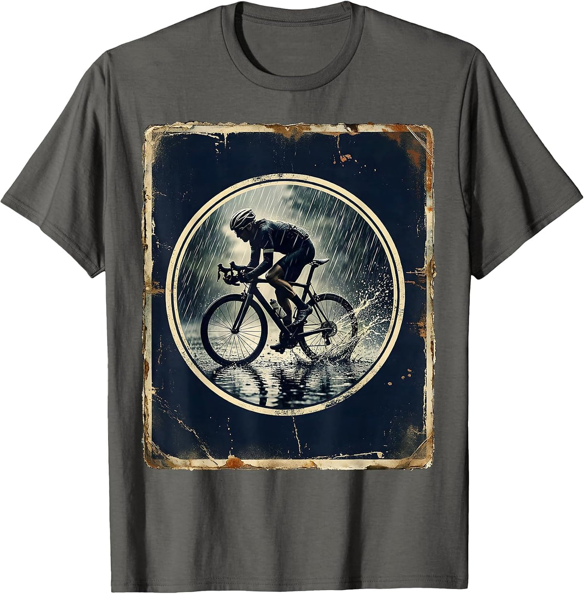 Night Rain Cyclist Racing Through Storm T-Shirt - Asphalt Grey