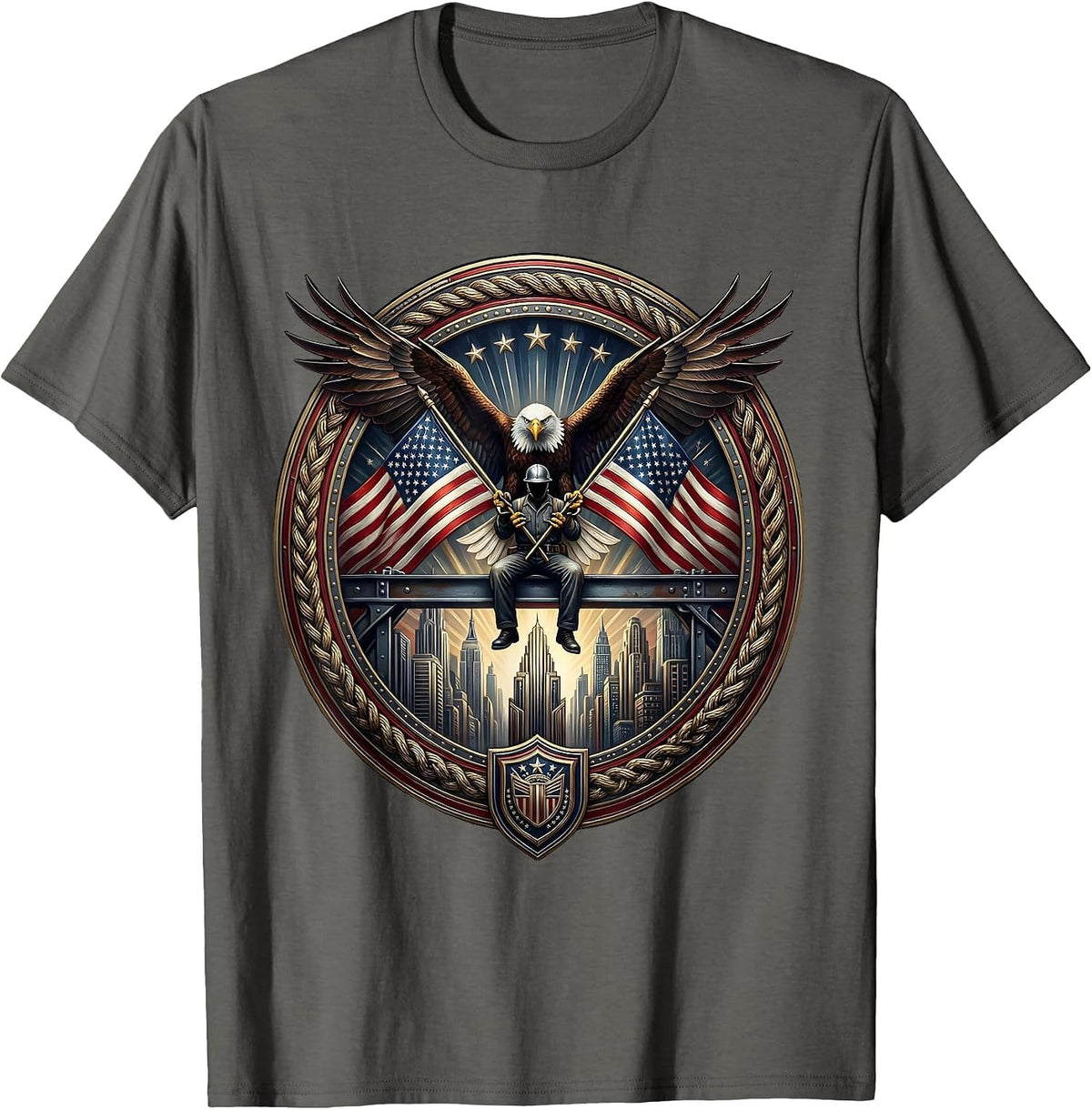 Steelworker on Girder Above City Skyline T-Shirt - Asphalt Grey