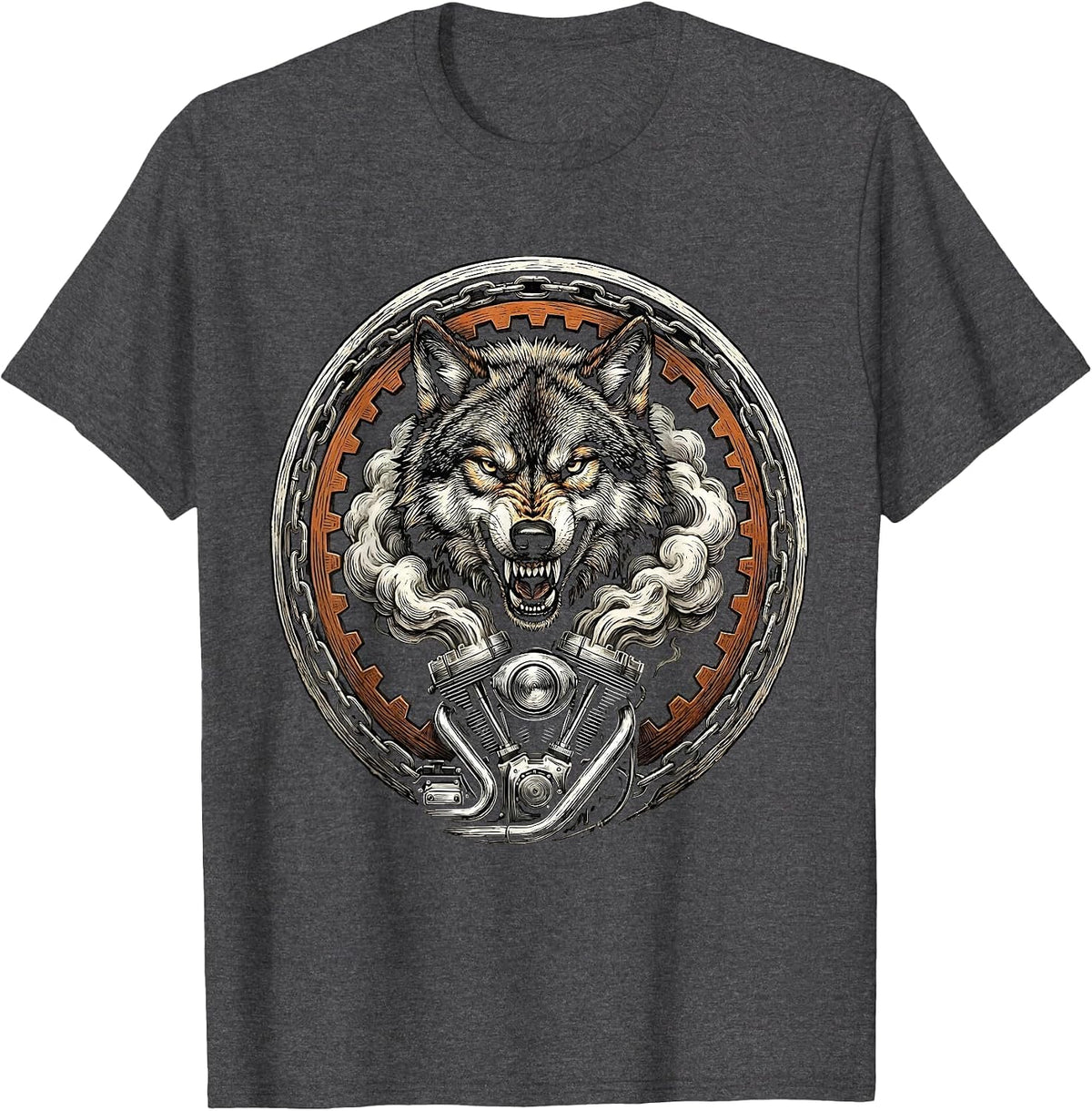 Wolf Head Motorcycle Engine Smoke Biker Graphic T-Shirt - Dark Heather Grey