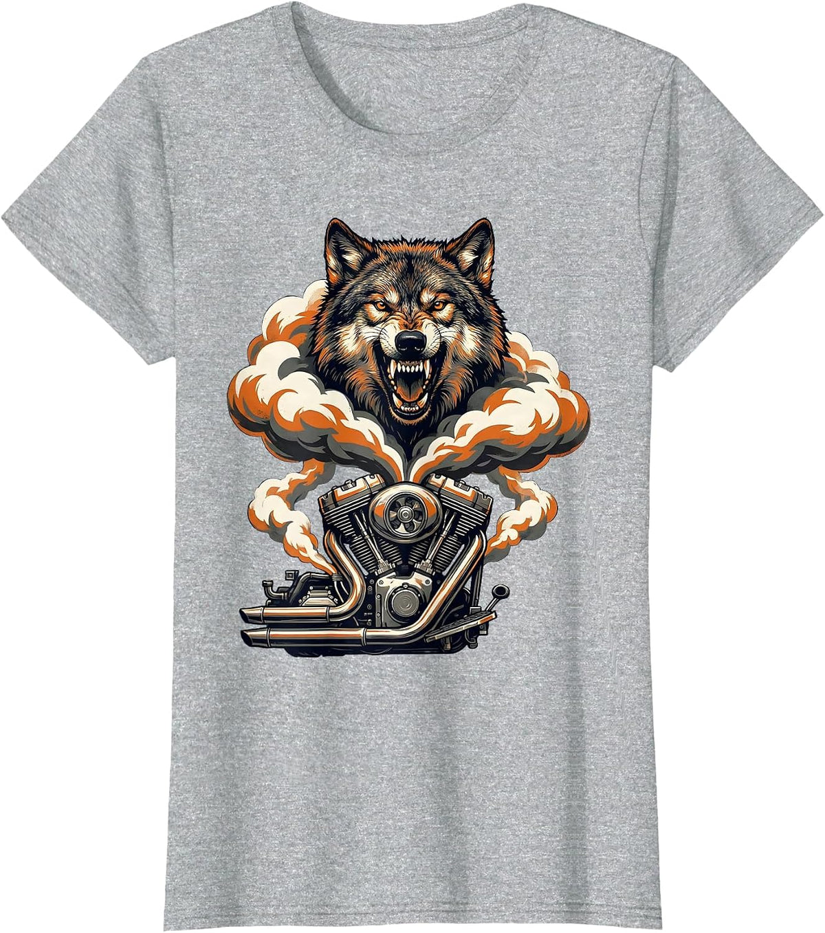 Wolf Head Motorcycle Engine Smoke Graphic T-Shirt - Heather Grey
