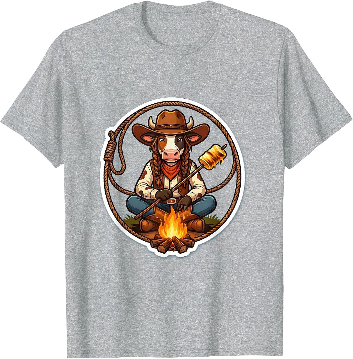 Men's Cowgirl Roasting Marshmallows Over Campfire T-Shirt - Heather Grey