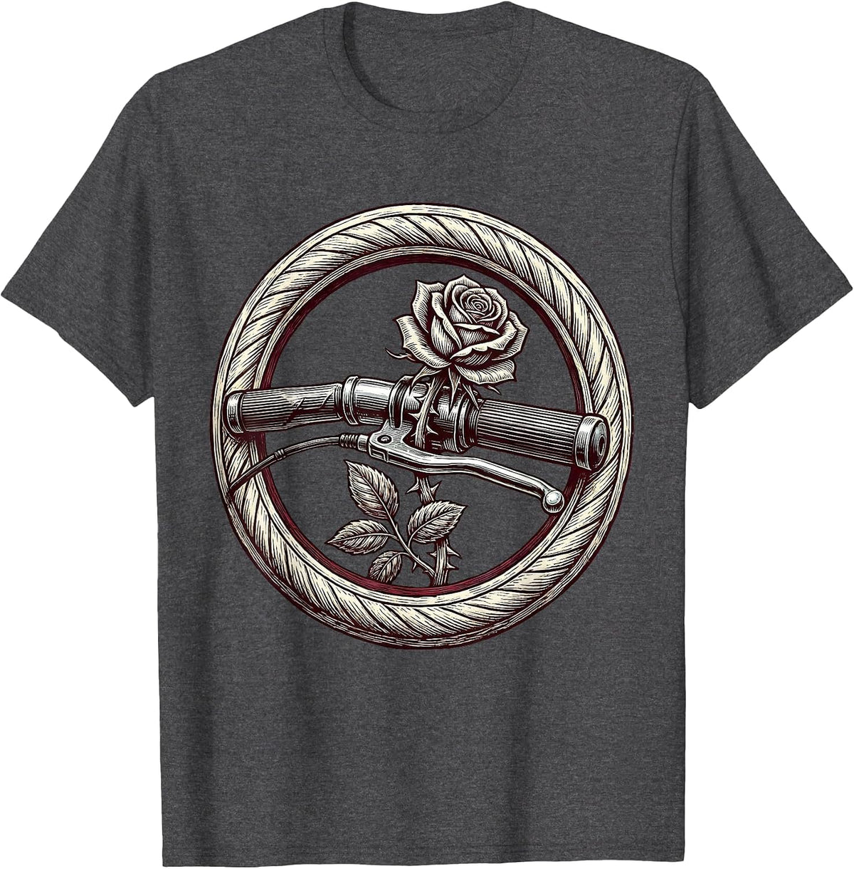 Rose Wrapped Chrome Motorcycle Handlebar Graphic T-Shirt - Dark Heather Grey