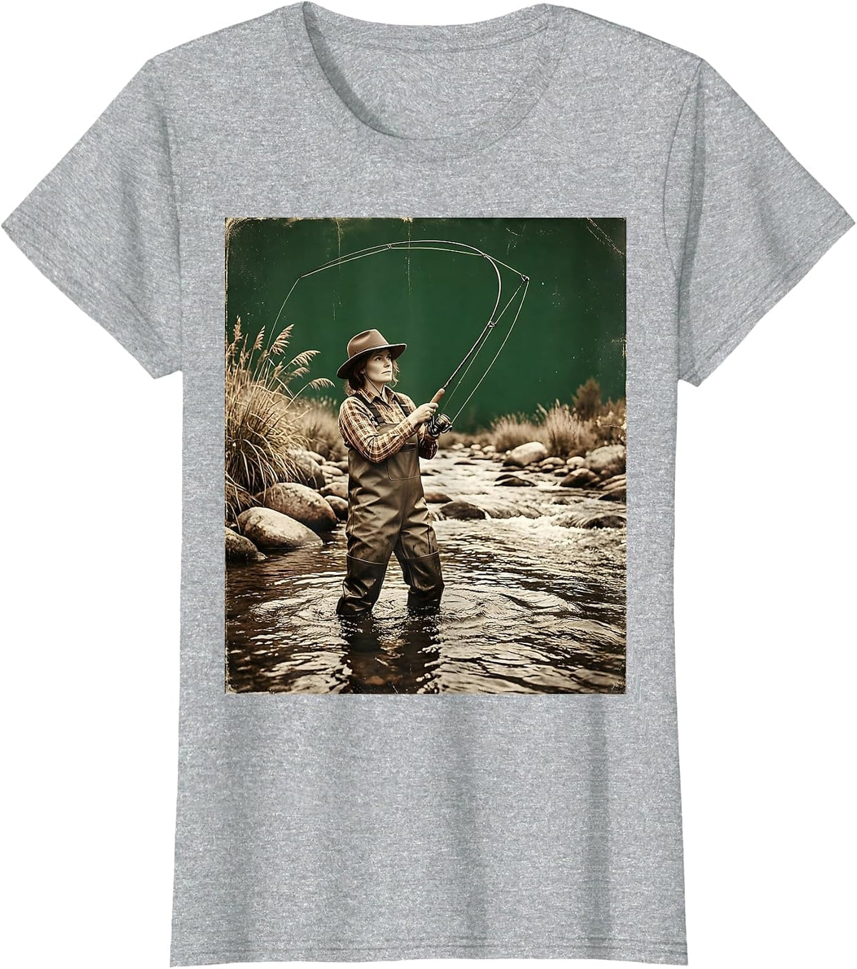 Fly Fishing Wading in Stream Graphic Design T-Shirt - Heather Grey