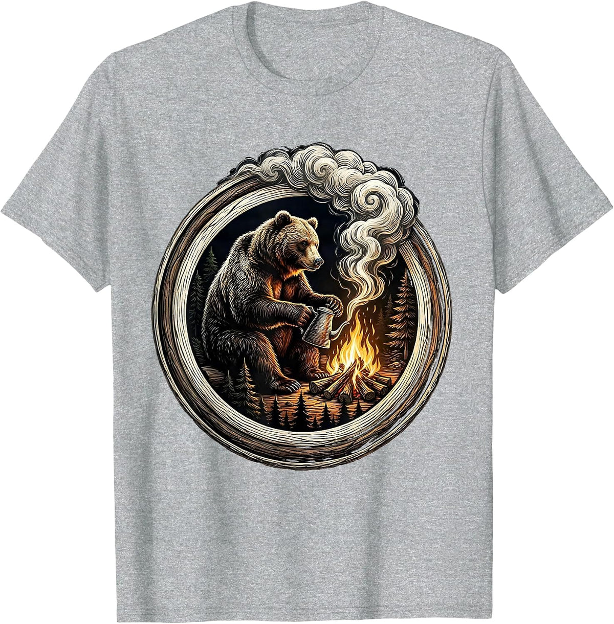 Men's Bear Campfire Coffee Wilderness Illustration T-Shirt - Heather Grey