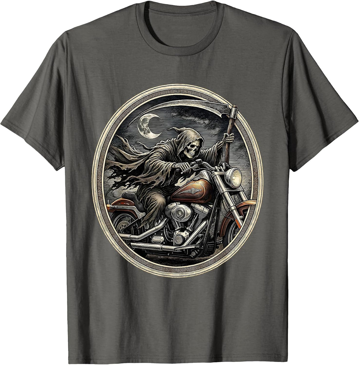 Men's Grim Reaper Motorcycle Night Rider Halloween T-Shirt - Asphalt Grey