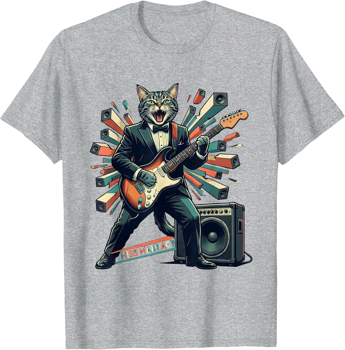 Men's Hiss Main Act Funny Cat Rock Guitarist Cat Lover Gift T-Shirt - Heather Grey