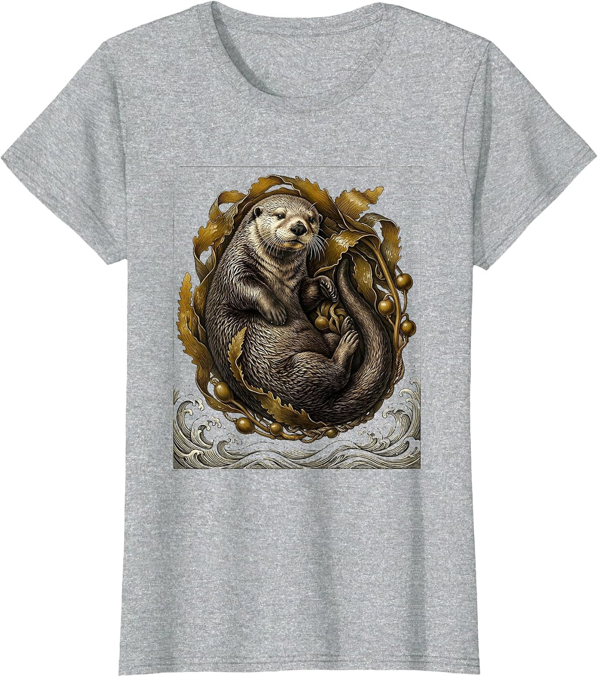 Sea Otter Wrapped in Kelp Ocean Waves Illustration T-Shirt - Heather Grey