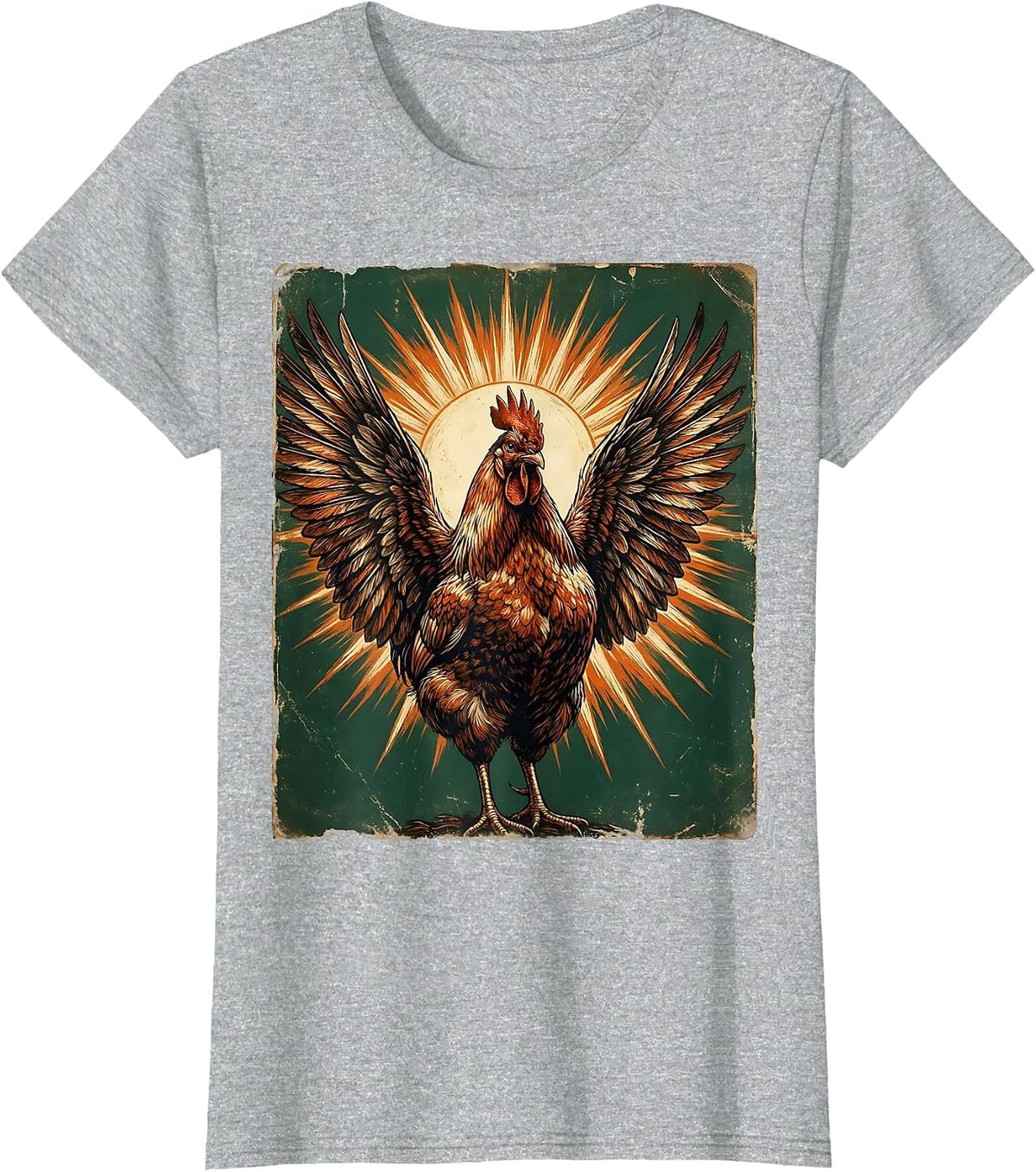 Hen Wings Spread Sun Chicken Art Design T-Shirt - Heather Grey