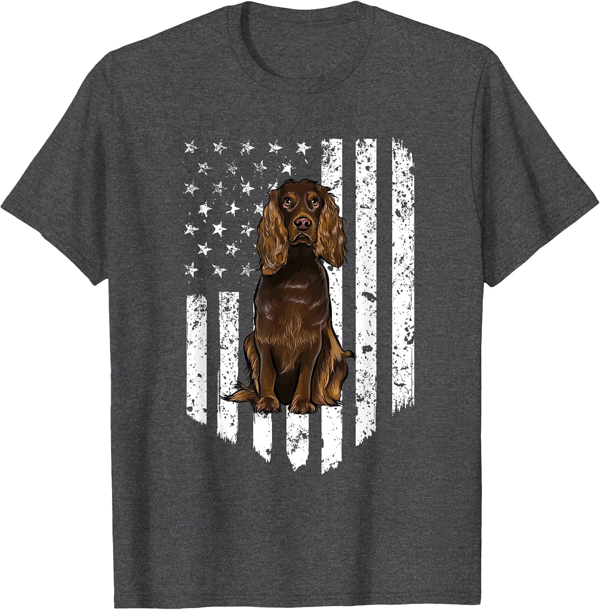 Black White American Flag Boykin Spaniel 4th of July USA T-Shirt - Dark Heather Grey