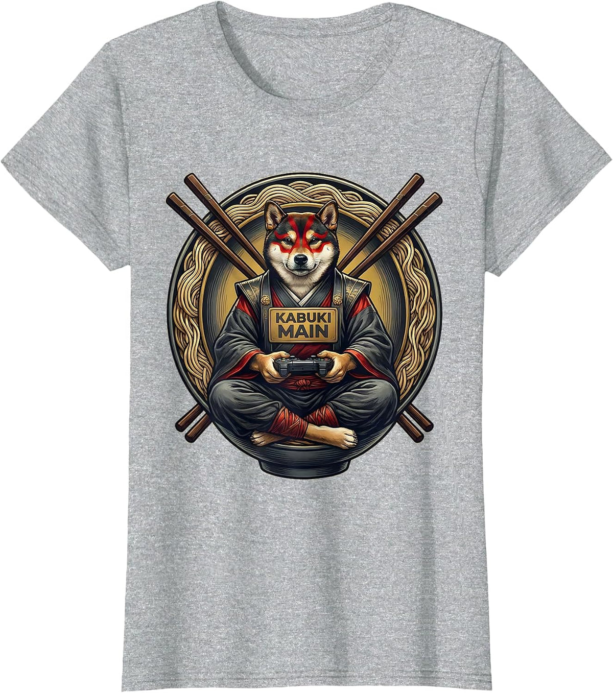 kabuki main Funny Anime Cat Gamer Ramen Bowl Emblem T-Shirt - Heather Grey