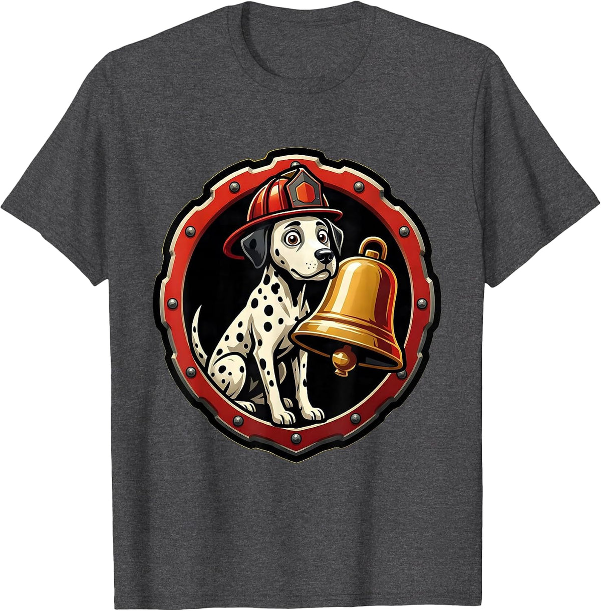 Men's Firefighter Dalmatian Watching Alarm Bell Design T-Shirt - Dark Heather Grey