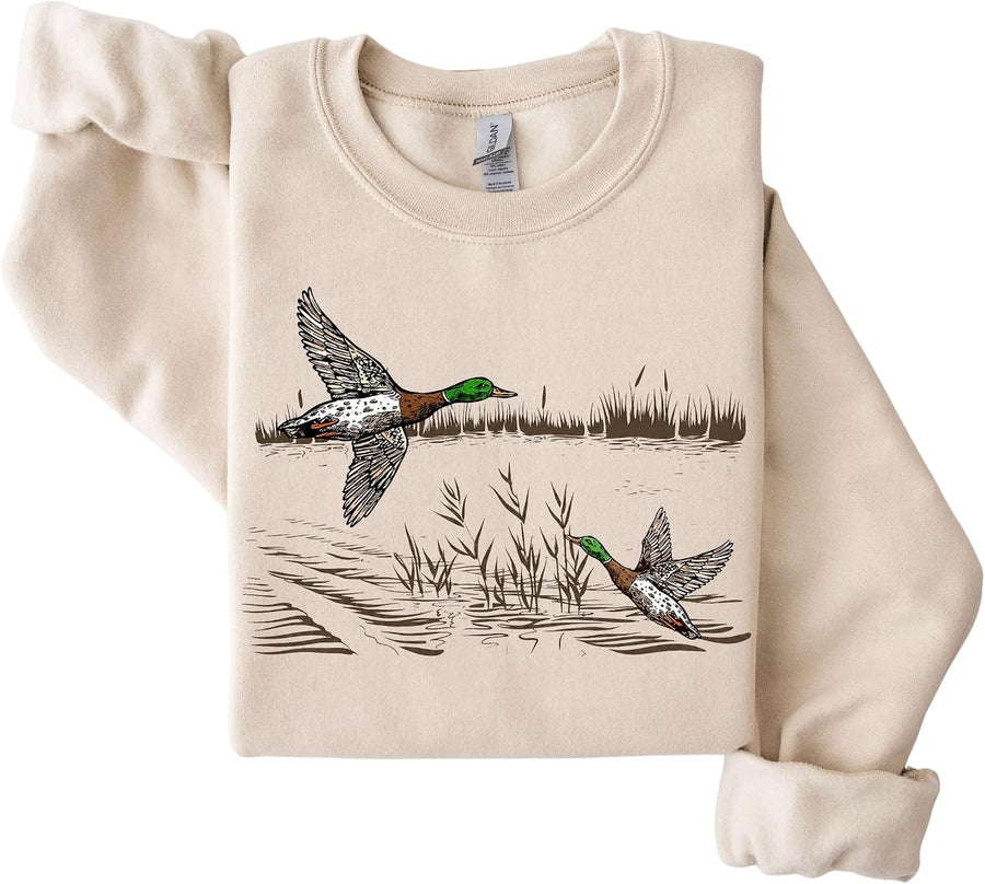 Daytee Duck Hunting Sweatshirt, Vintage Mallard Duck Graphic, Outdoor Hunter Crewneck, Nature Wildlife Sweatshirt - Sand