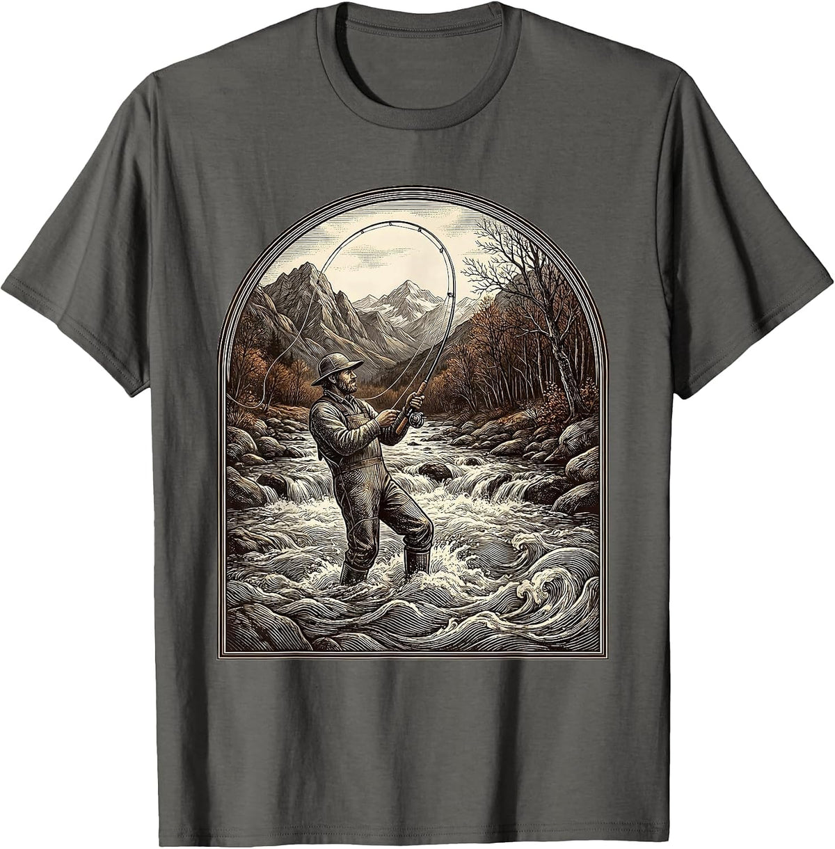 Fly Fishing Mountain Stream Fall Illustration T-Shirt - Asphalt Grey