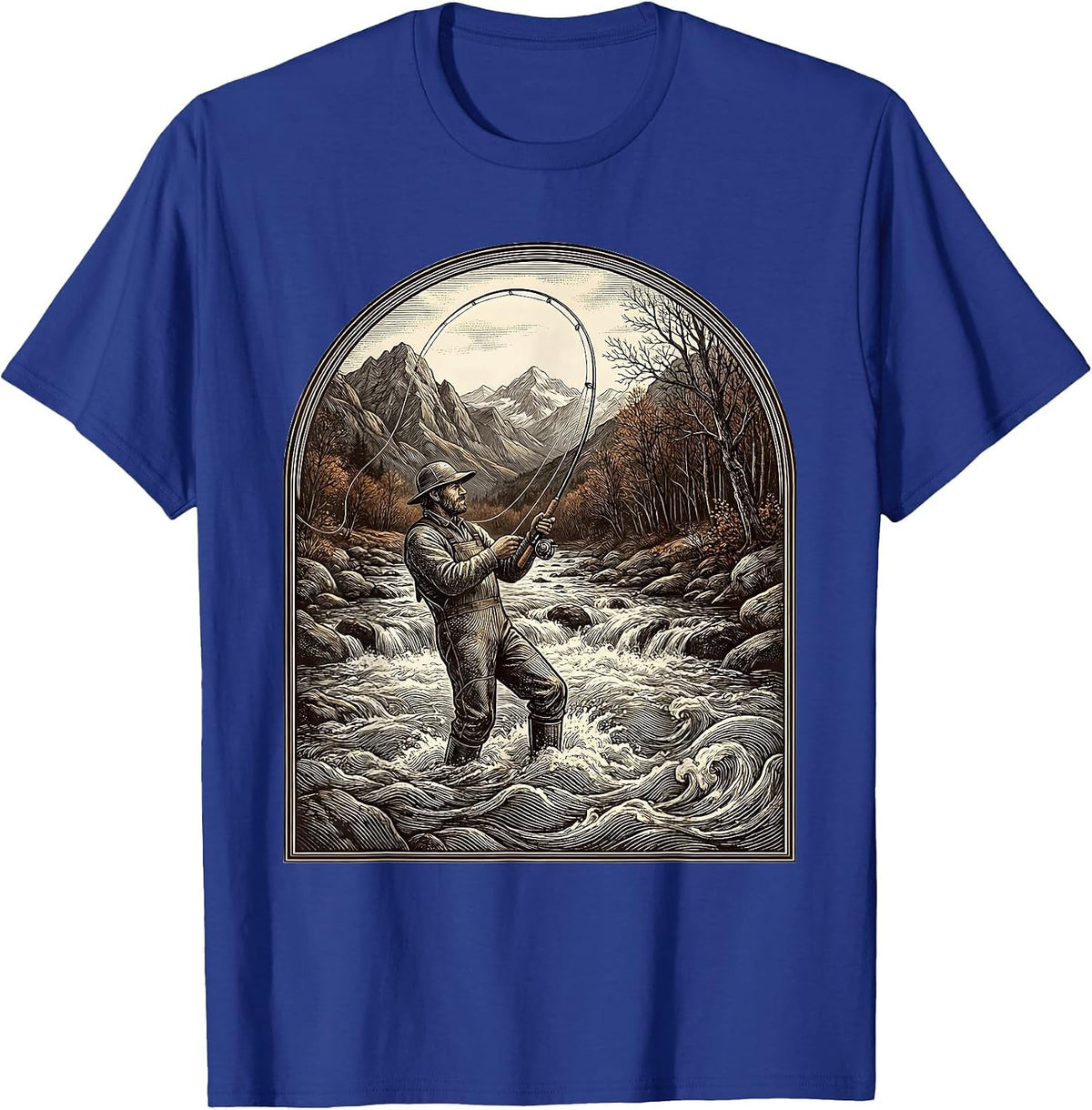 Fly Fishing Mountain Stream Fall Illustration T-Shirt - Royal Blue