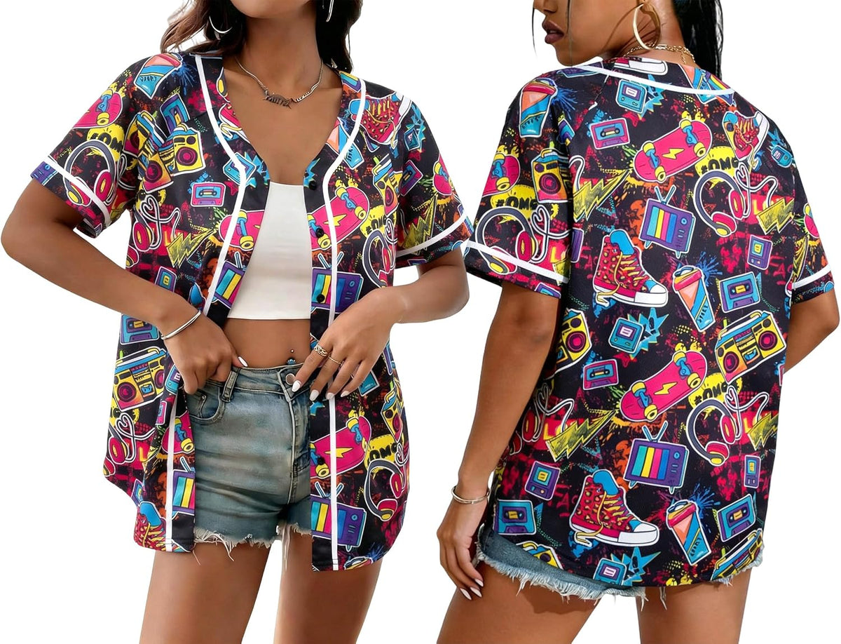 Baseball Jersey Women Vintage Tees Button Down Short Sleeve Tops - Pink-s