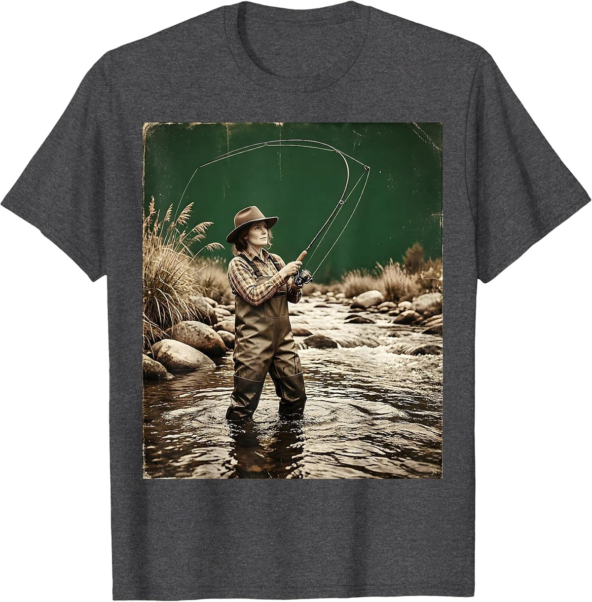 Fly Fishing Wading in Stream Graphic Design T-Shirt - Dark Heather Grey