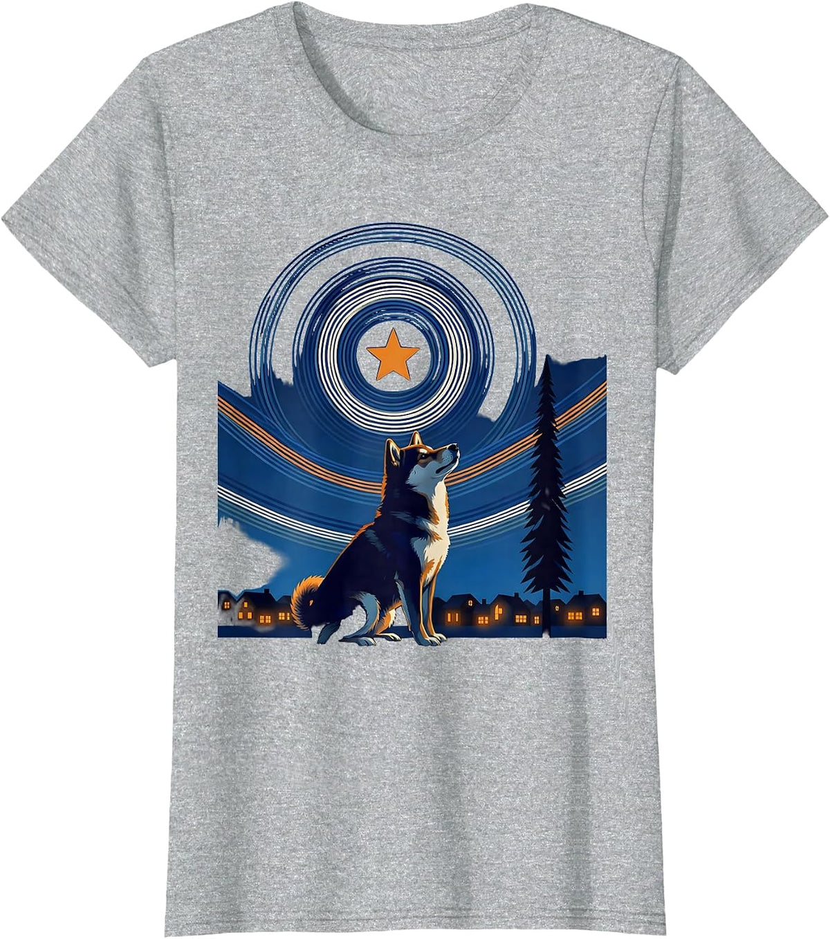 Women's Night Silhouette Shiba Inu Van Gogh Starry Night Art T-Shirt - Heather Grey