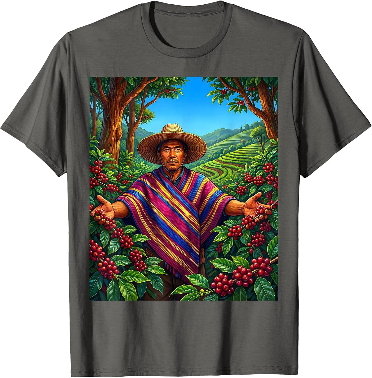 Men's Colombia Coffee Farmer Harvest Illustration T-Shirt - Asphalt Grey